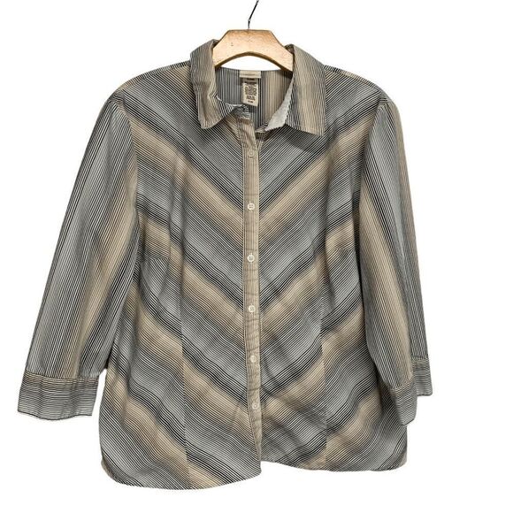 Covington Women's size XL tan gray diagonal Stripe 3/4 sleeve button up Blouse - Picture 6 of 10
